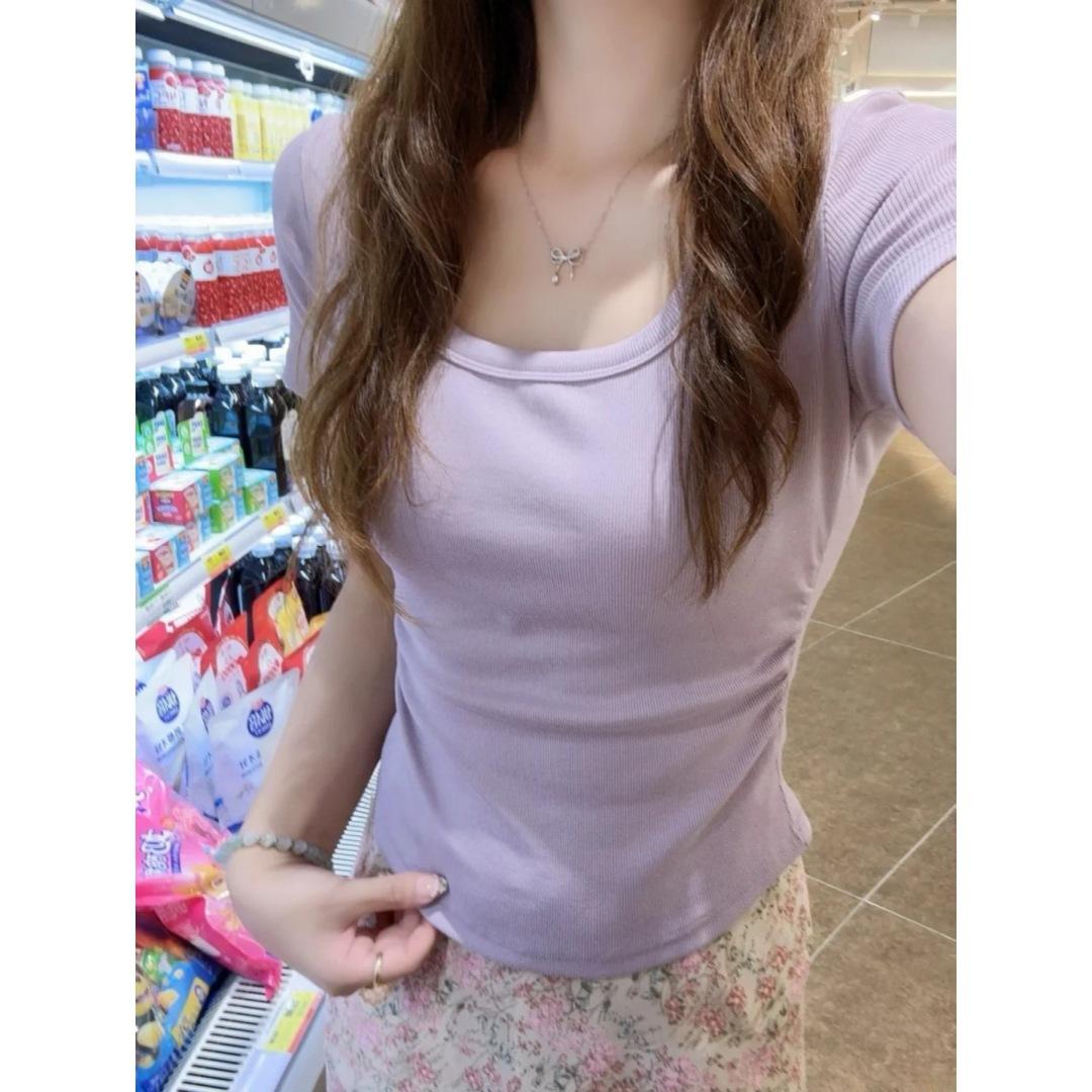 Taro purple square neck short-sleeved women s giant white bottoming top summer slim and thin pure desire style Korean version short T-shirt S фиолетовый