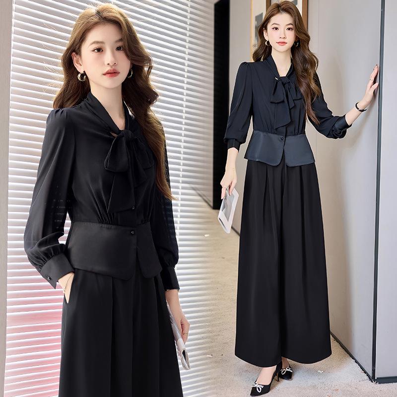 2025 Frühling & Herbst High-End Mode Zweiteiler: Schnürhemd mit langen Ärmeln & Weitbeinige Hose Set