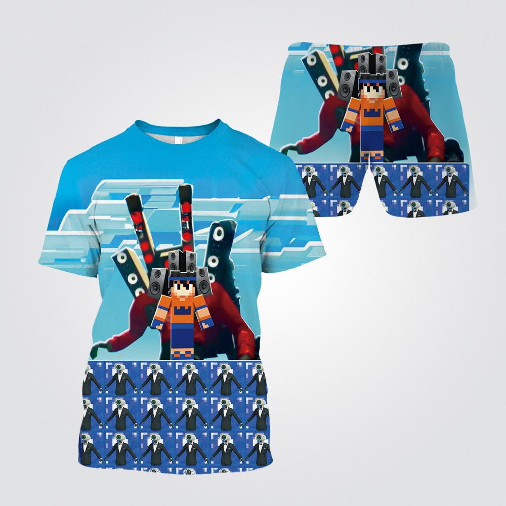 Summer Round Neck 3D Cartoon Toilet Person Vs. Monitoring Person Printed Set Fashionable and Casual Short Sleeved Shorts Children's Boy Clothing Sets