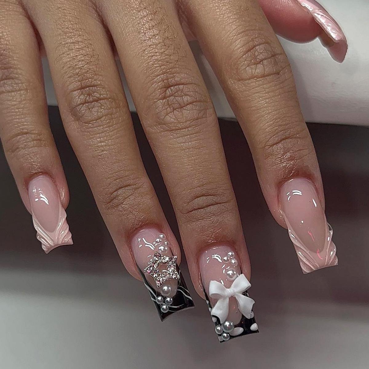 3D French Water Wave Nails with Bow, Pearl, and Star Rhinestone Stickers With Glue Kit