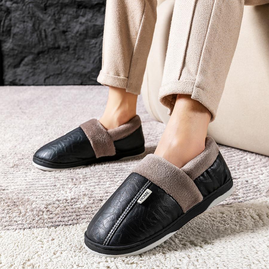 Hausschuhe für Herren Winter Plüsch Warm Weich Memory-Schaum Hausschuhe Wasserdichtes Leder Rutschfest Schlafzimmerschuhe