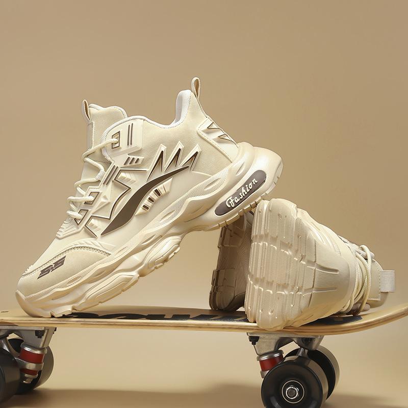 Fashion autumn and winter new leather high-top thick-soled versatile Hong Kong style men's sports shoes comfortable and lightweight men's mecha casual