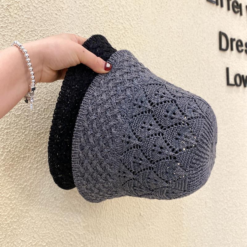Bucket Hat Women's Spring and Summer Plain and Versatile Fashion Bucket Hat Hollow Face Small Temperament Knitted Basin Hat