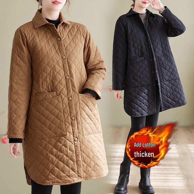 

Women s Mid-Length Quilted Shirt Jacket - Autumn/Winter 2026 Casual Lightweight Cotton Coat 2XL чёрный