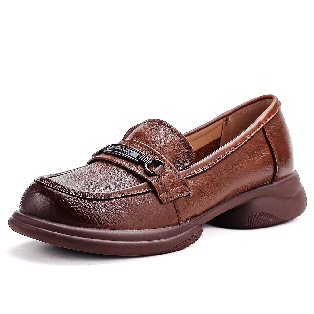 2026 Autumn New Comfortable Round Head Leather Versatile Fashion Women's Shoes Thick Heel Mother Shoes