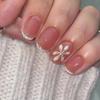24PCS 3D Peach Flower French Style False Nails Fake Nails Manicure Nails Tips Removable Fake Nails Acrylic Press On Nails