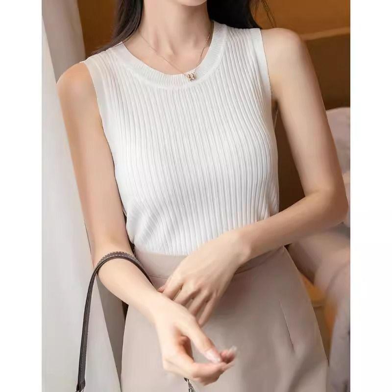 2025 Women's Versatile Ice Silk Spaghetti Strap Tank Top Sleeveless Crew Neck Undershirt