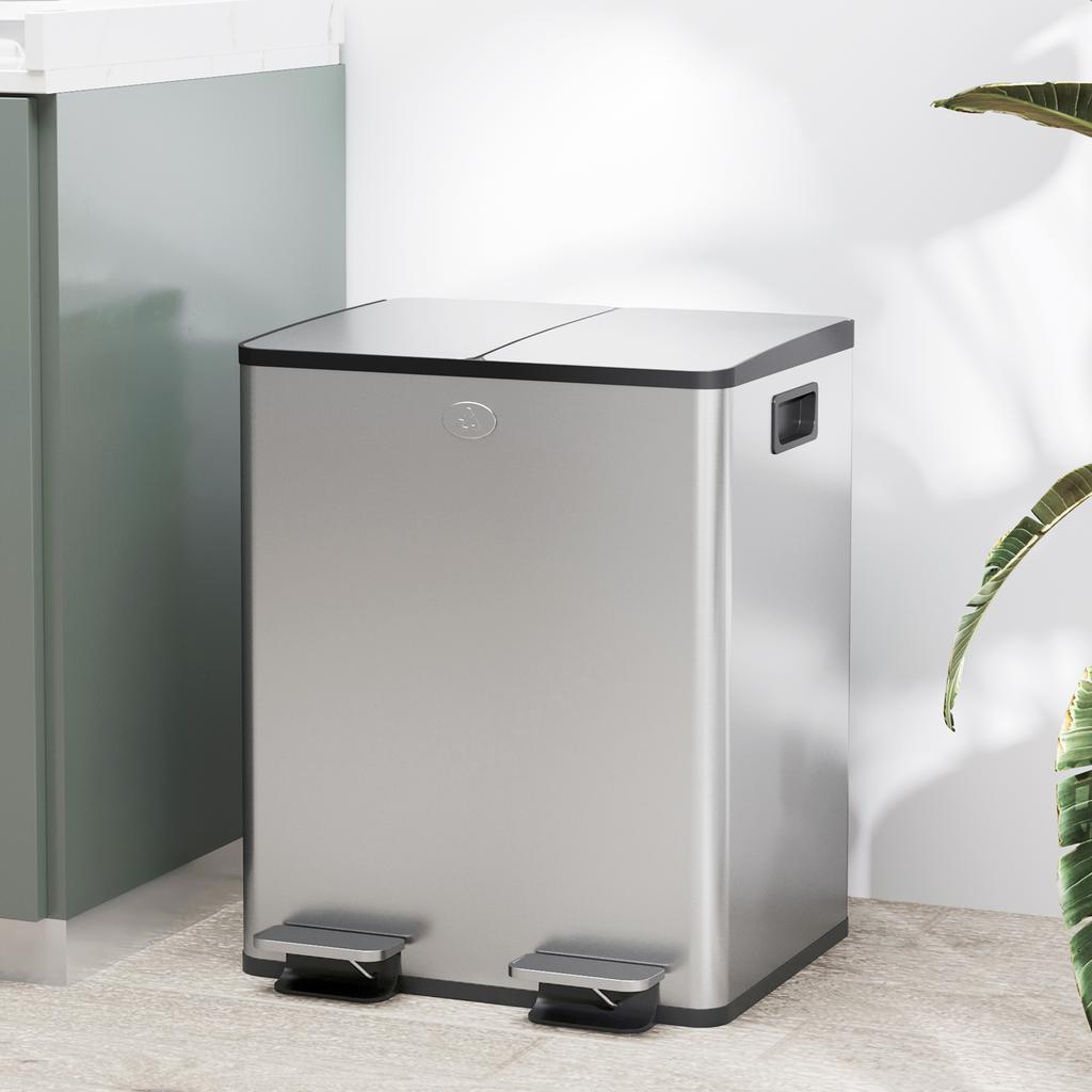 Kitchen Trash Can Stainless Steel With 2 Compartments 2x20L Pedal Soft Close Lids And Removable Bucket Silver
