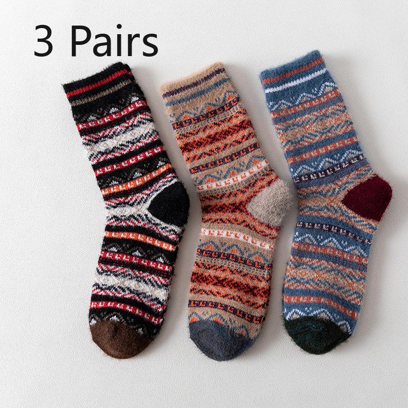 3 Pairs of Women's New Winter Bar Imitation Ferret with Thick Warm Rabbit Wool Tube Socks