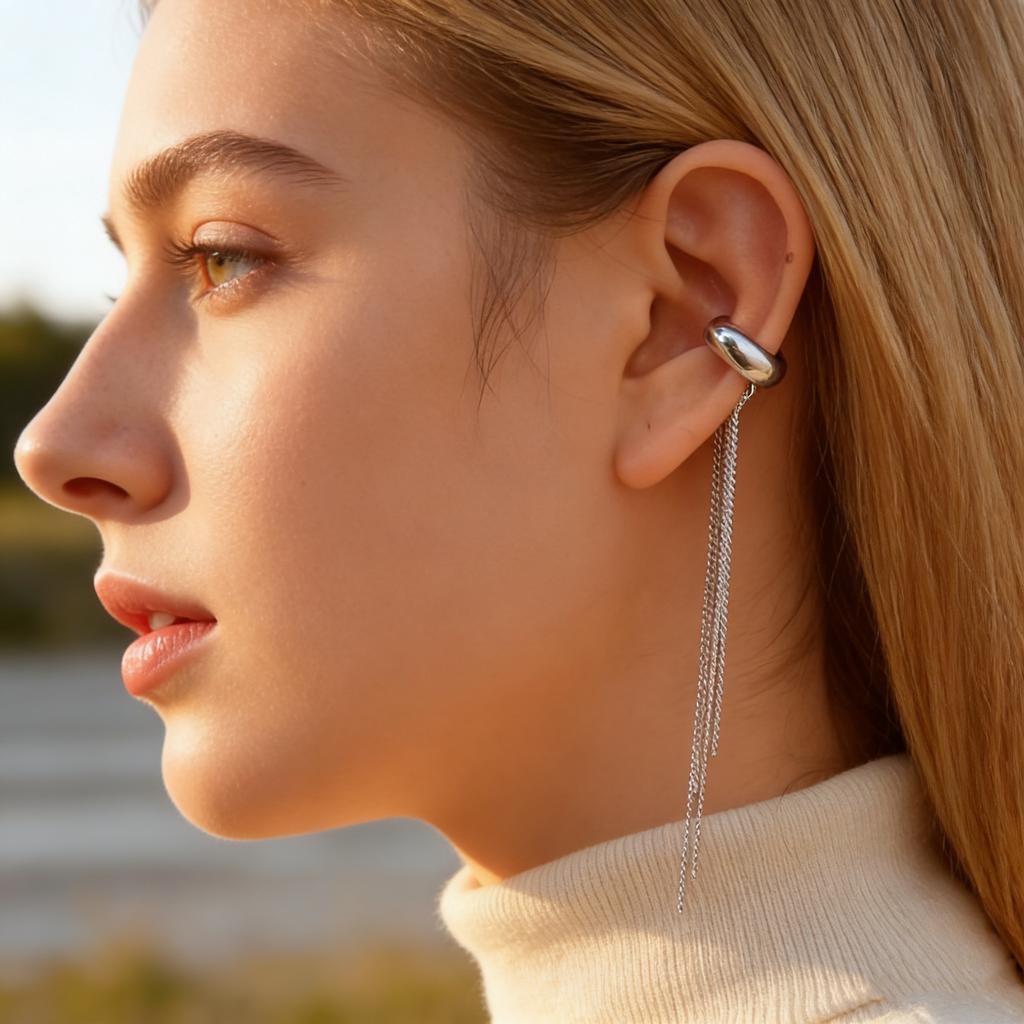 Fashion Long Tassel C-shaped Fake Piercing Ear Clip for Women Gold Plated Stainless Steel Ear Bone Clip On Earrings Ear Cuff