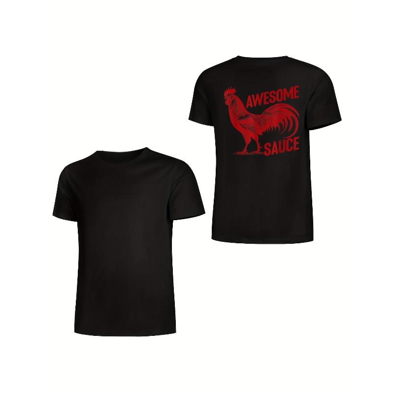 Taglie Europee Uomo Vintage Divertente T-Shirt Grafica con Gallo - Maglietta Nera con Stampa Posteriore Rossa "Awesome Sauce", Abbigliamento per il Weekend, Estetica Retro