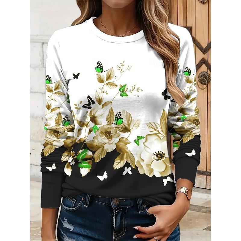 Women's 3D Butterfly Floral Print T-shirt Fashion Long Sleeve Round Neck Regular Tops Holiday Weekend Spring and Autumn