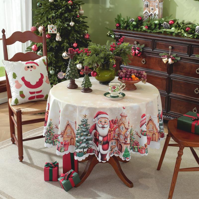 New Christmas Round Tablecloth Red Waterproof and Dustproof Holiday Decoration Table Cloth Stain Resistant and Wrinkle Resistant
