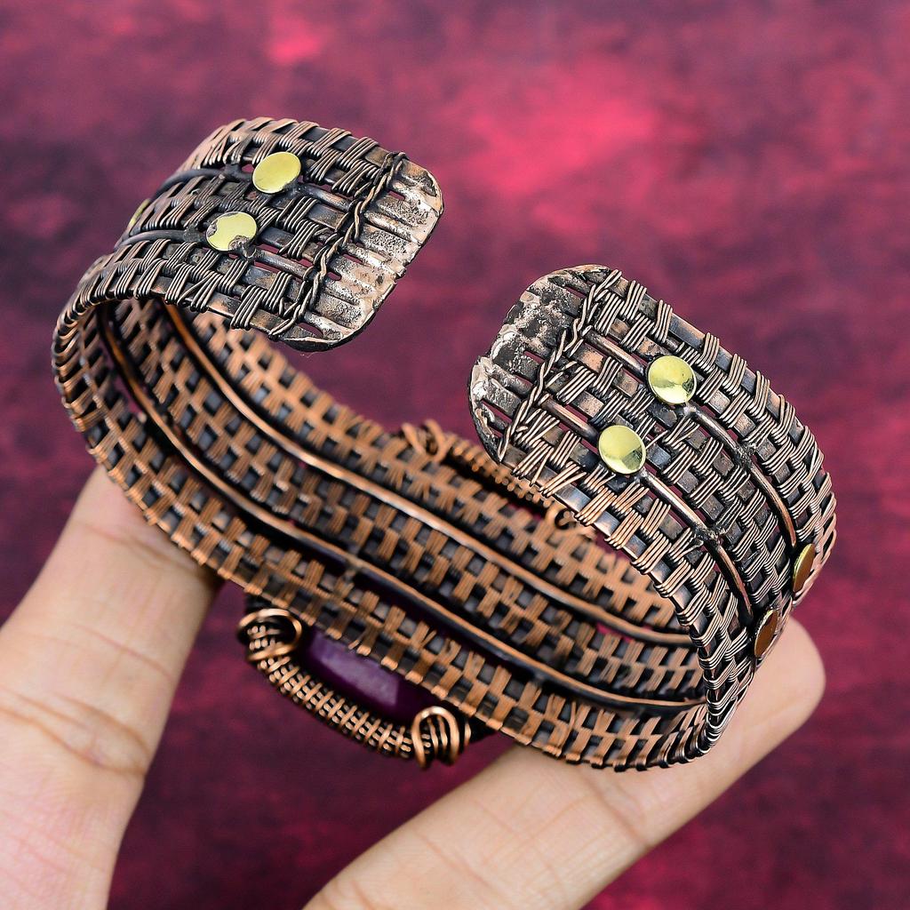 Pulseira de Rubi de Caxemira Facetado Joias Envoltas em Fio de Cobre Pulseira Ajustável Joias com Pedras Preciosas