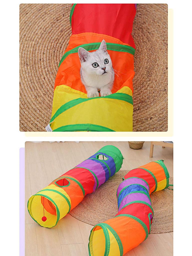 Tęczowy Tunel dla Kota i Wędka z Piórami: Labirynt dla kociaka, Zabawka, Legowisko i Otwór do zabawy
