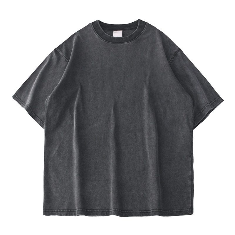 American Retro Heavy Weight Pure Cotton Washed Distressed Short Sleeve T-Shirt Men Summer Bottoming Shirt Export Cotton T-shirt Black 2XL