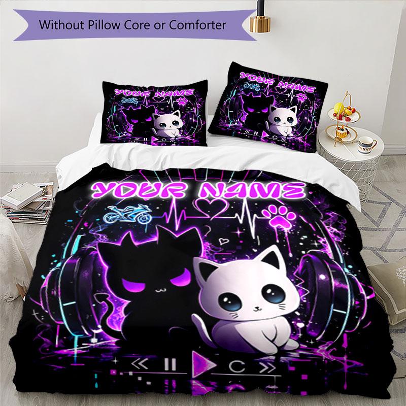 3pcs Custom Name Neon Cat Dreamscape Bedding Set Printed Bedding Set Duvet Cover Closure Includes 1 Duvet Cover & 2 Pillowcases Bedroom Decor