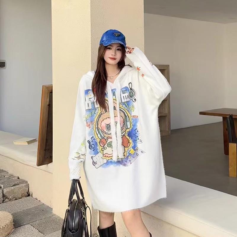 Women's Stylish Mink Wool Hooded Sweater - Soft, Printed, Long Sleeve, Loose Fit, Perfect for Lazy Autumn & Winter Days