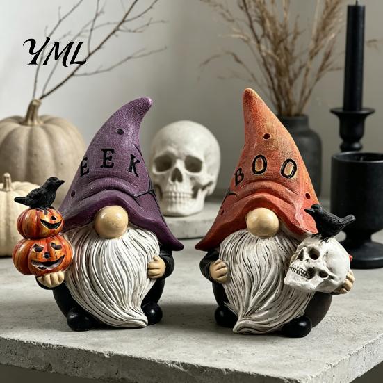 Resin Goblin Dwarf Ornaments Halloween Gnome Statue, EEK BOO Elf Figurine with Pumpkin Cute Desk Accessories Crow Skull, Spooky Tabletop Ornament for