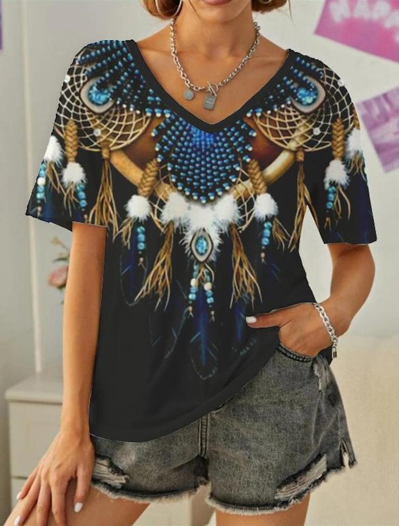 Vintage Women 3D Print T Shirt Short Sleeve V Neck Tops Comfortable T-shirts