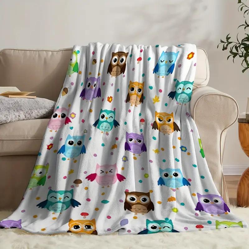 Colorful Cartoon Owl Theme Flannel Blanket - Suitable for Sofa, Travel, Bed, Camping, Office, Decoration, Multipurpose Christmas