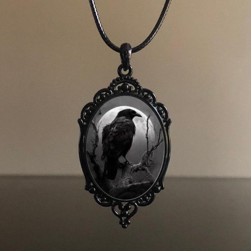 Gothic Raven Moon Glass Pendant Necklace - Trendy European American Jewelry