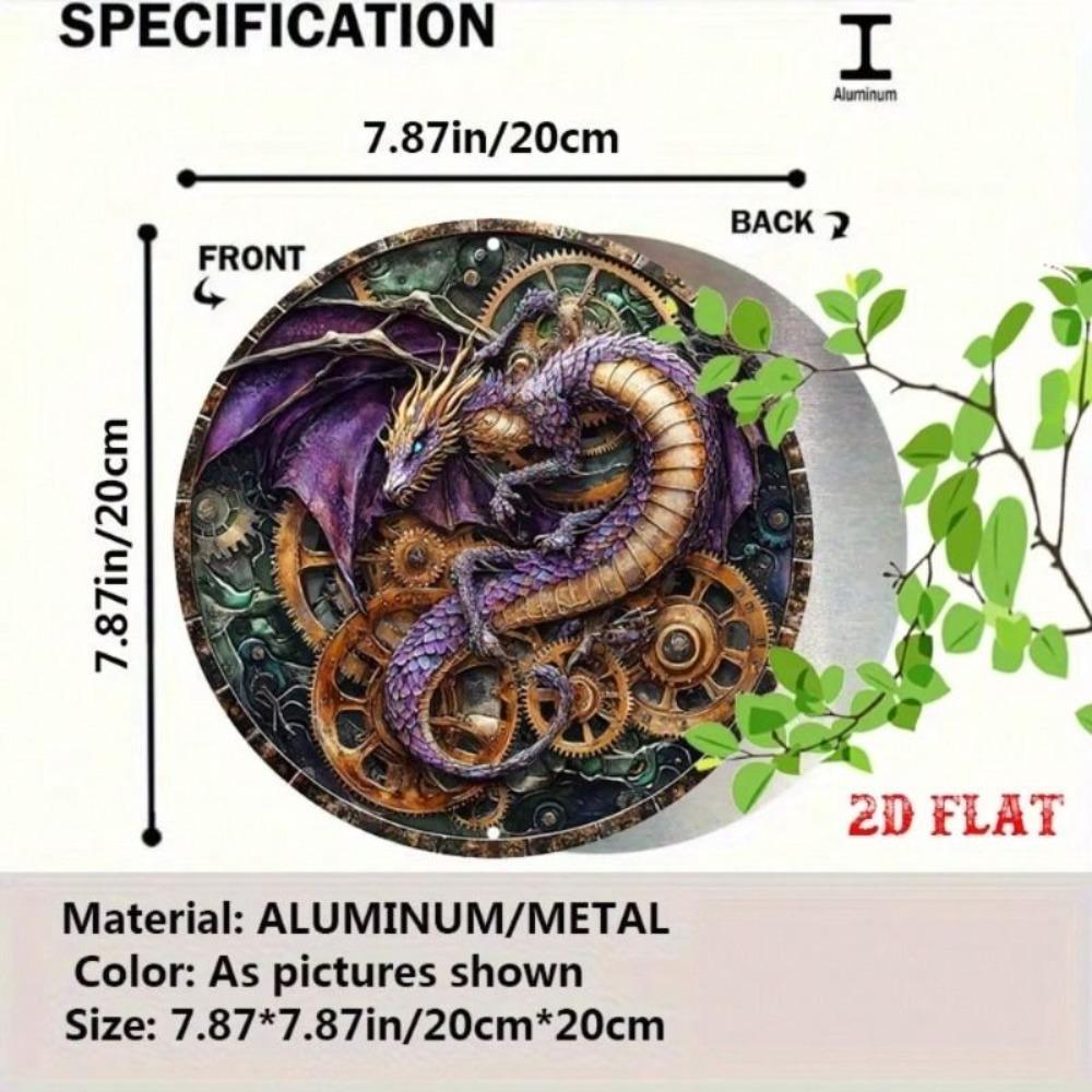 Purple Steampunk Dragon Round Metal Wall Poster with Gears for Living Room
