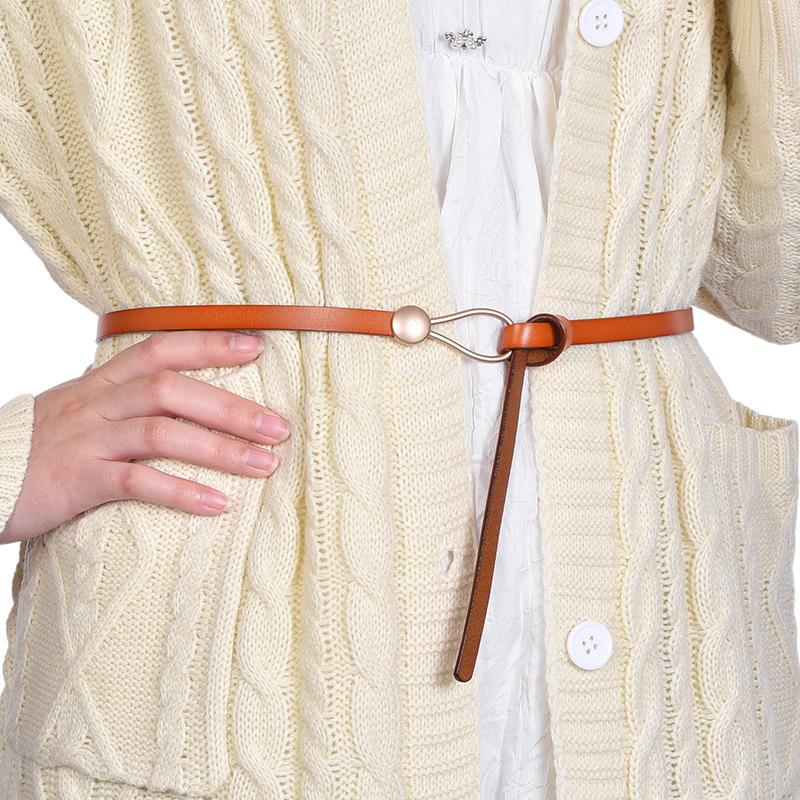 Women'S Thin Belt Pure Cowhide Belt Leather Casual Knotted Belt With Dress Coat Small Belt