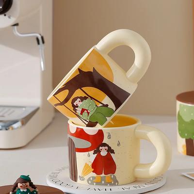 Retro Cartoon Keramiktasse Keramik Espressotasse Hochwertig Mit Deckel Tasse für Kaffee Kreativität Personalisiertes Geschenk Teegeschirr Cafés