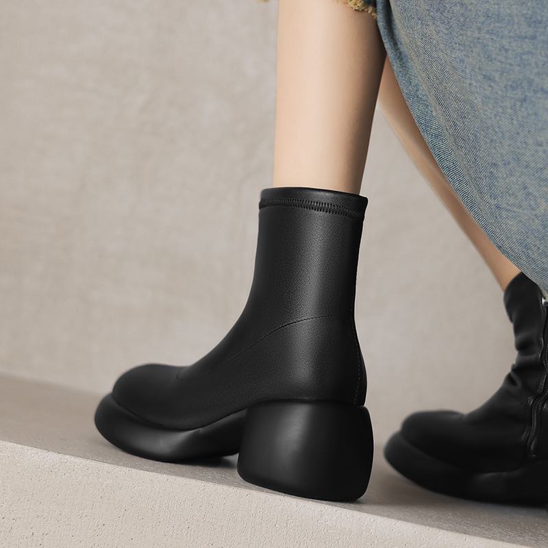 Krazing Pot Microfiber Winter Round High Heels Western Boots Women Zipper Size 43 Street Wear Platform Ankle Boots