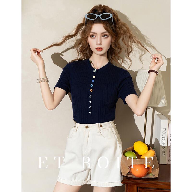 ET BOITE Women's Summer Slim Knit T-Shirt with Colored Buttons