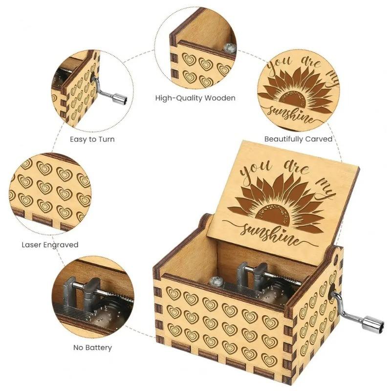 Wooden Hand Cranked Music Box Retro Light Luxury Exquisite Carving Wooden Music Box Exquisite Birthday Gift