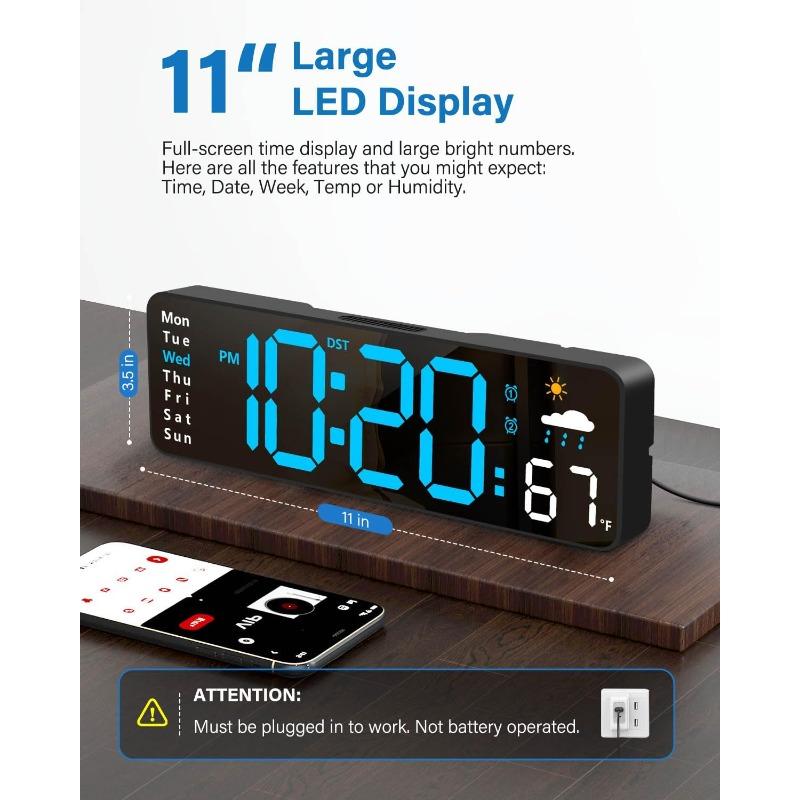 Digital wall clock large screen remote control LED alarm clock with date week temperature humidity automatic daylight saving time countdown function