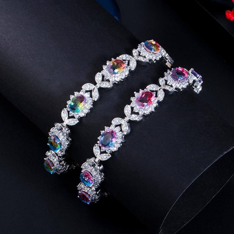 WWJ Rainbow Mystical Cubic Zirconia Leaf Design Tennis Bracelet for Women