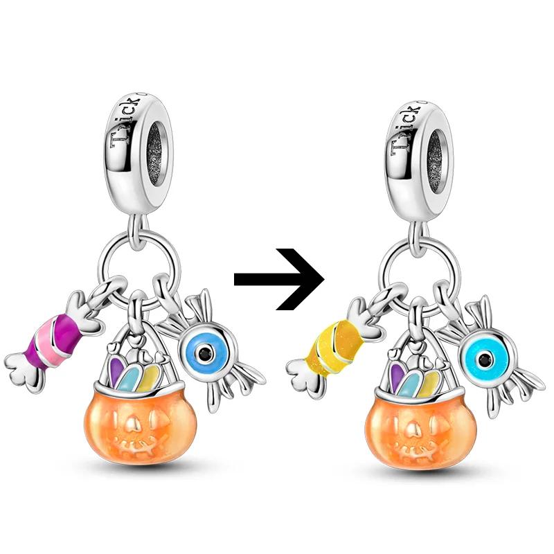New Halloween Charm Emit Light Bead Copper Pumpkin Witch Skull Charm Fit Bracelet Pendant Women Jewelry Making