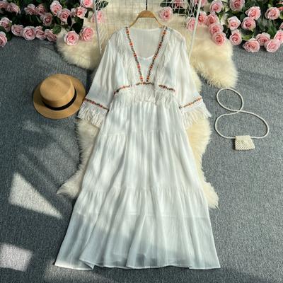 Vestidos largos vintage para mujer, vestido de verano con escote en V, media manga, borlas, patchwork, corte en A, cintura alta, encaje
