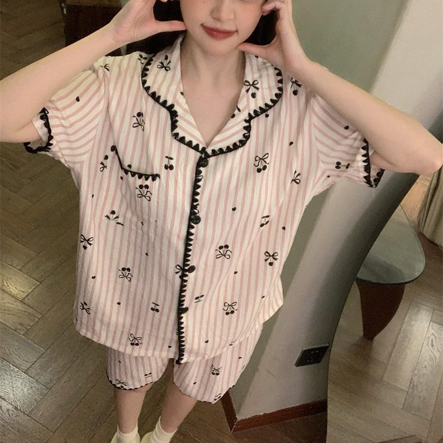Internet celebrity girl shell lace vermicelli cherry pajamas summer short sleeved shorts two-piece girl loungewear
