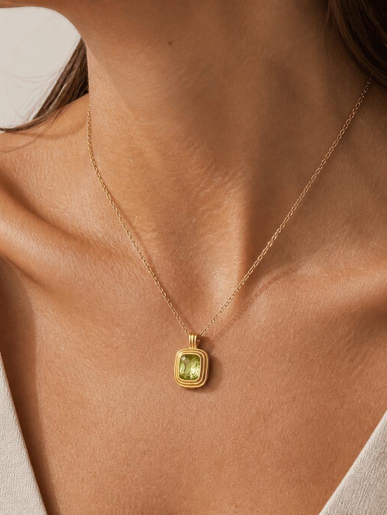 POWELL Sparkling Faceted Gemstone Gold Tone Necklace for Women Cushion Pendant Tarnish Resistant Hypoallergenic Jewelry