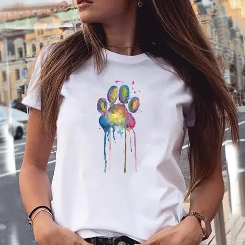 Women T-shirts Love Trend Style Dog Paw Cartoon Animal Pet Summer Graphic Print Female Stylish T Top Shirt Girl Tee T-Shirt