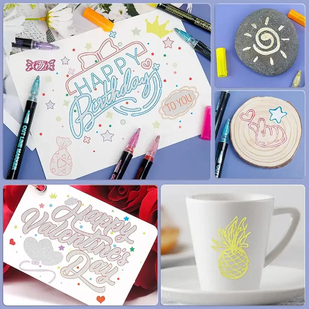 8/12/24/36/48 Colors double line outline Metallic Highlighter marker pens, Squiggles Double Line Pen, Magic Glitter Drawing Pens