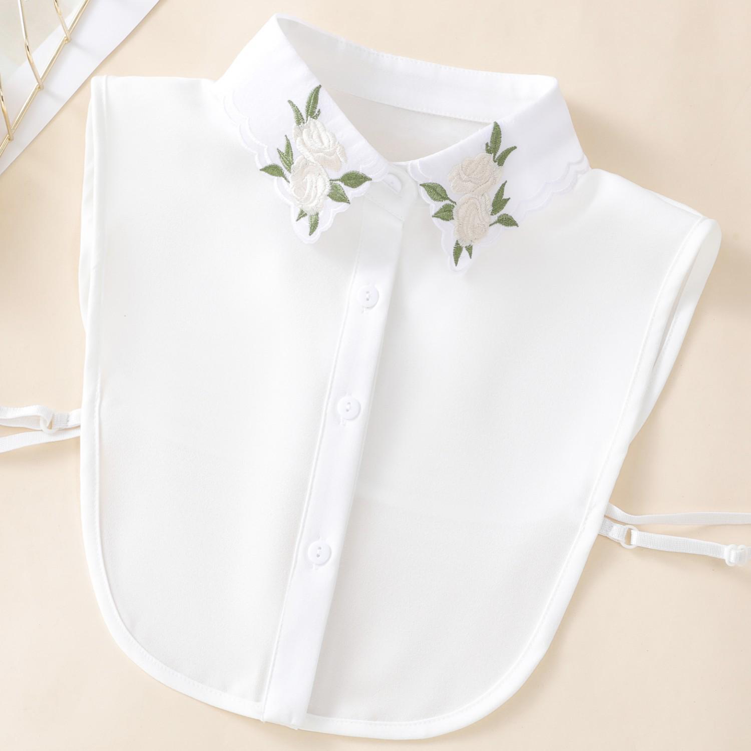 Women s Elegant Camellia Embroidered Detachable Collar Shirt – White 35