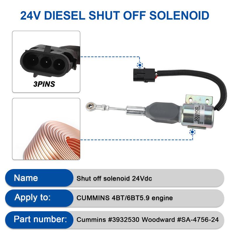 3932530 24V Diesel Engine Shut Off Solenoid SA-4756-24 for Cummins 4BT, 6BT5.9 Excavator
