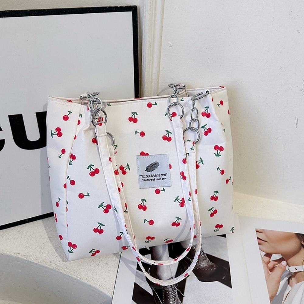 Casual Large Capacity Tote Bag Cherry-print Lightweight Shoulder Bag Zipper Handbag Girls белый
