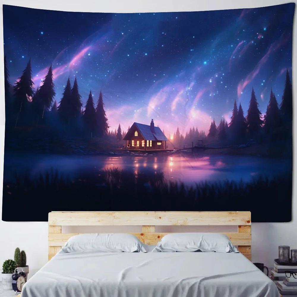 Psychedelic Starry Sky Aurora Landscape Tapestry Wall Hanging - Unique Background Poster for Home Dormitory Decoration Fabric Mu