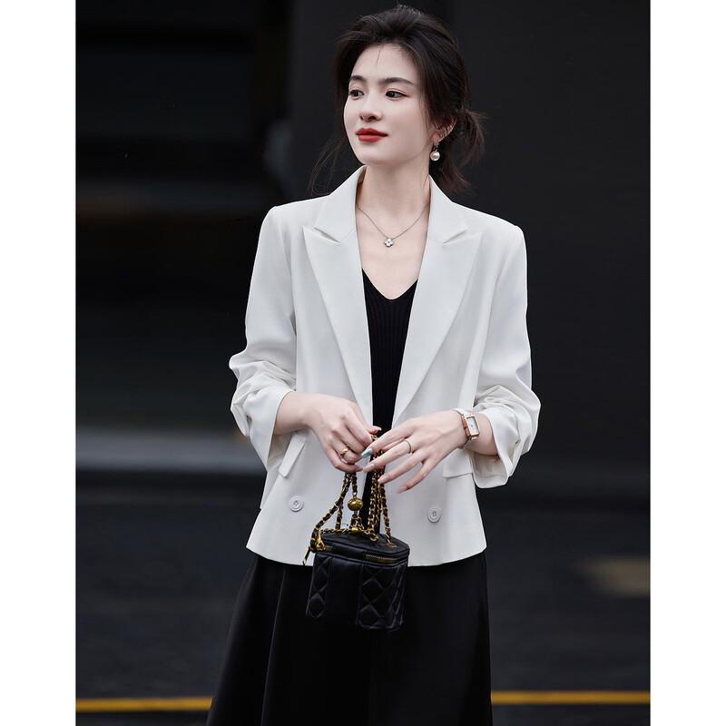 Demana CBD Chic Peaked Lapel Double-Breasted Short Blazer with Irregular Split