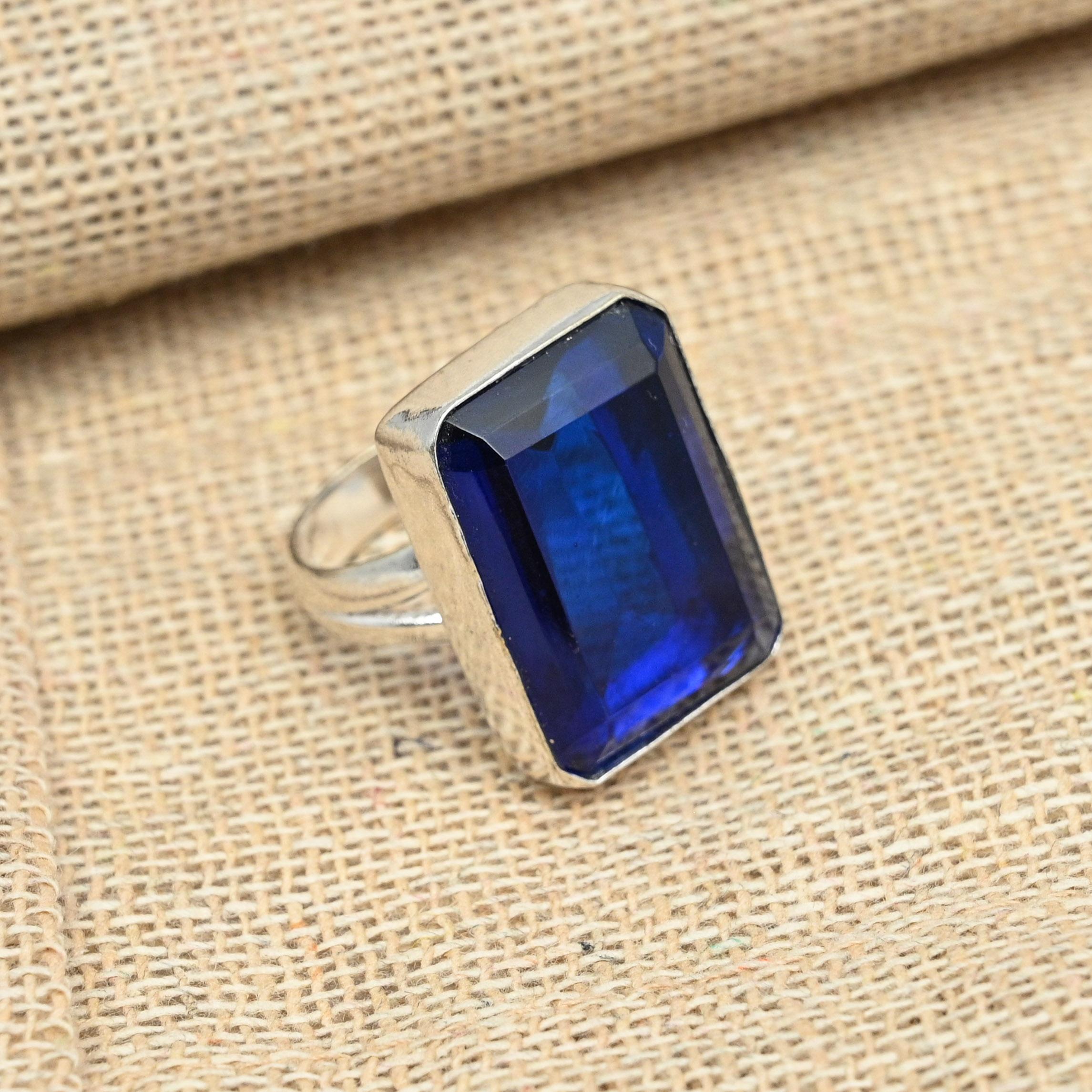

Граненый синий сапфир стерлингового серебра 925 пробы кольцо ручной работы ювелирные изделия подарок на годовщину для нее 8 синий