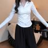 Polo Collar Shoulder Long-sleeved T-shirt Women's Autumn and Winter New Pleated Pure Cotton Thin Bottoming Shirt with Top