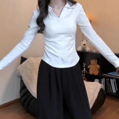 Polo Collar Shoulder Long-sleeved T-shirt Women's Autumn and Winter New Pleated Pure Cotton Thin Bottoming Shirt with Top