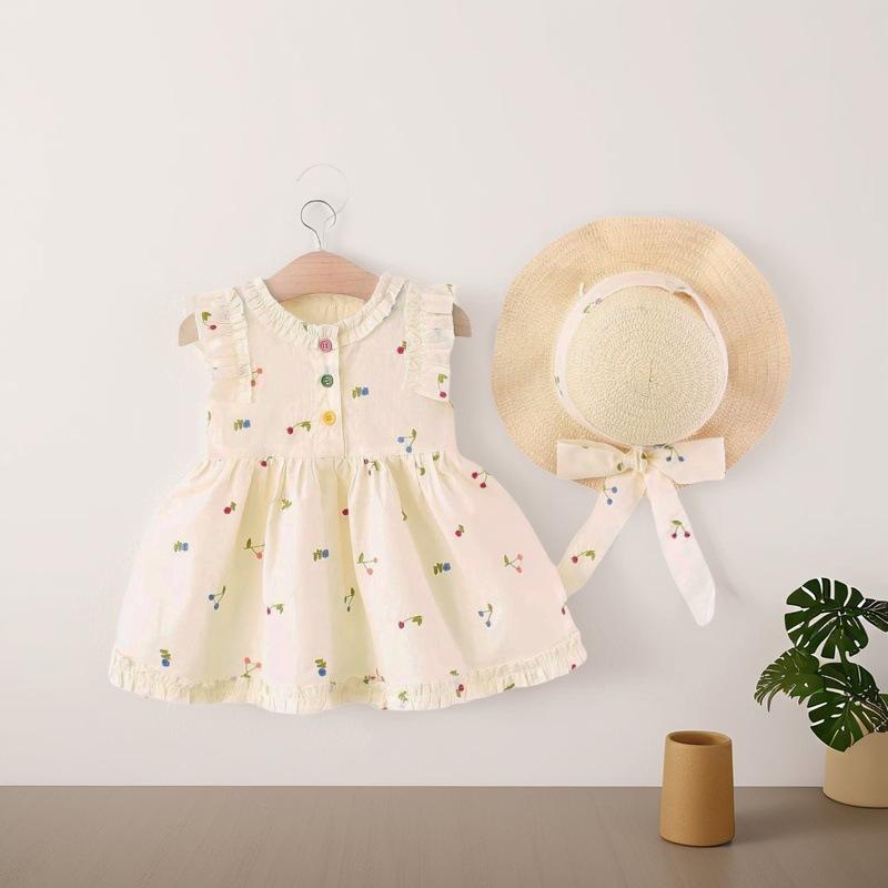 Girls Summer Embroidered Cherry Dress Cute Princess Childrens Clothing Fashionable Kids Sundress 110cm бежевый