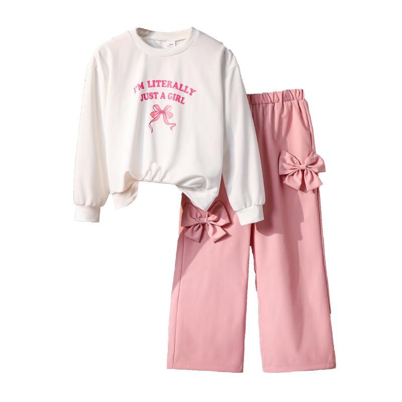 Girls' Fashion Set Autumn Children's Sweet Bow Pink Work Pants Letter Long-sleeved Sweatshirt